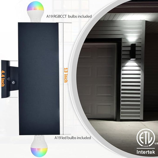 Tunable White Exterior Wall Light Fixtures 1200lm, RGB Color Up Down Outdoor Lights 2 Pack,Modern Dusk to Dawn Outdoor Lighting - Smart Outside Wall Lights for Garage,Porch（UL Listed