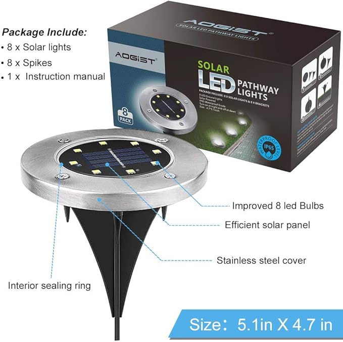 Aogist Solar Ground Lights, 8 LED Garden Disk Lights In-Ground Outdoor Landscape Lighting for Lawn Patio Pathway | Lumora