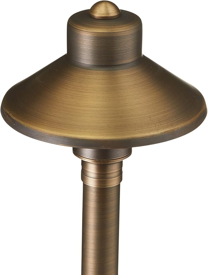 VOLT Flat Hat 12V Brass Path Light (5" Shade, 25" Tall) with 3W 2700K Warm White G4 LED Bulb for Low Voltage Landscape Lighting on Outdoor Pathway, Walkway, Garden, Driveway or Patio