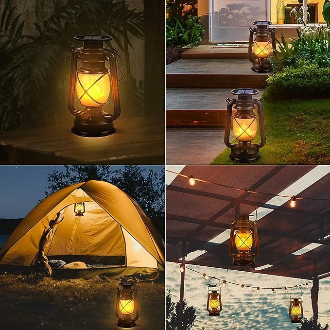 Solar Lantern Outdoor Waterproof,LED Vintage Flickering Flame Solar Lights,Camping Lamps,Solar Powered Hanging | Lumora