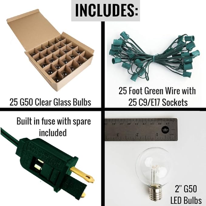 Hometown Evolution, Inc. G50 2" LED Diode Warm White Outdoor Patio String Lights with 0.6 Watt Light Bulbs (Green Wire, 25 ft)