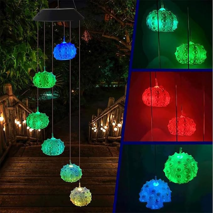 Solar Sea Urchin Wind Chime Light 6 LEDs Colorful Color Changing Outdoor Decorative Solar Hanging Light Painted Marine LED Lights for Garden Walkway Patio Yard, 1 Pack
