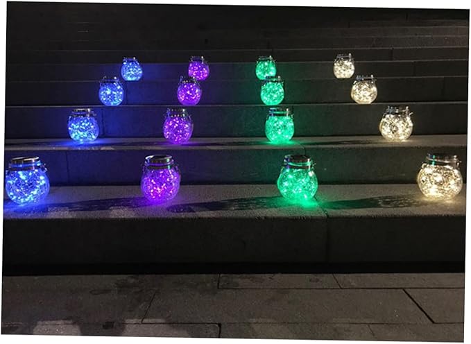 POPETPOP Solar Powered Crackle Glass Jar Lights Hanging Lamps for Outdoor Garden Lawn Patio Decor Unique Blue Light Design with Rope Handle