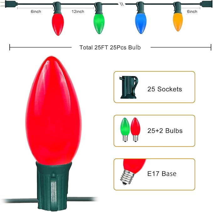 C9 Christmas Lights Outdoor, 25 Ft Multicolor Vintage LED Christmas String Lights for Roofline Xmas Tree Holiday | Lumora