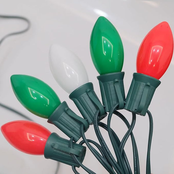 25Ft Vintage Christmas Lights C9 LED Red Green and White Outdoor String Lights with 26 C9 Bulbs (1 Spare) | Lumora