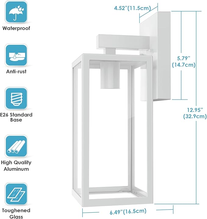 MAXvolador Outdoor Wall Lantern, Exterior Waterproof Wall Sconce Light Fixture, White Anti-Rust MountLights Clear Glass, E26 Porch Patio Lighting
