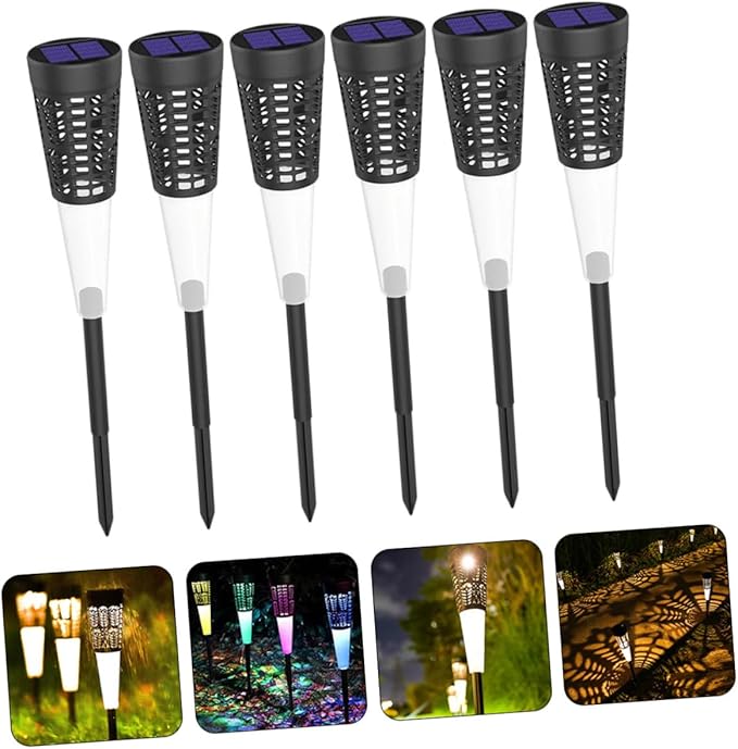 ABOOFAN 6pcs Solar-Powered Garden Stake Lights with Warm and Colorful Projection, Outdoor Lawn and Pathway Lights for Courtyard Decoration, Cone Hollow Design, Weather-Resistant Landscape