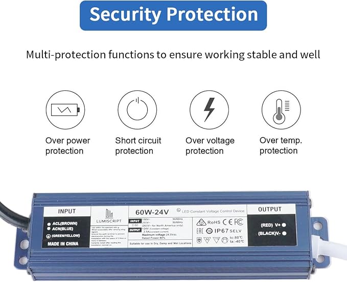 24V 60W Power Supply, IP67 Rainproof Waterproof Outdoor Driver, AC100-240V to DC 24V Low Voltage Transformer | Lumora