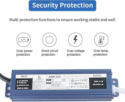24V 60W Power Supply, IP67 Rainproof Waterproof Outdoor Driver, AC100-240V to DC 24V Low Voltage Transformer, Adapter Converter for LED Strip Lights