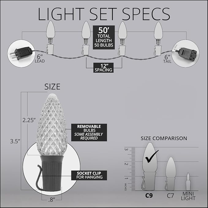 Wintergreen Lighting C9 OptiCore LED Commercial Outdoor Christmas Lights – Heavy Duty Christmas String Lights; Green Wire (50 Lights, 50 ft, Gold)