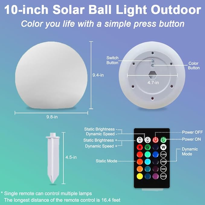 10-in Solar Orb Light, Waterproof Solar Globe Light Outdoor Dimmable RGB Color Changing Solar Garden Ball Light for | Lumora
