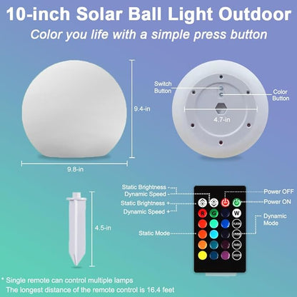 10-in Solar Orb Light, Waterproof Solar Globe Light Outdoor Dimmable RGB Color Changing Solar Garden Ball Light for Outside w/Remote, Landscape Lighting Mood Lamp w/Ground Stake for Yard Poolside Lawn