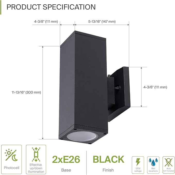 ASD 2 Light Square Dusk to Dawn Outdoor Wall Light Fixture | 120W E26 Bulb Socket 120V ETL Cylinder Up Down Lights | Lumora