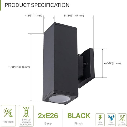 ASD 2 Light Square Dusk to Dawn Outdoor Wall Light Fixture | 120W E26 Bulb Socket 120V ETL Cylinder Up Down Lights | LED/CFL/Incandescent Bulb Wall Sconce | Front Door, Porch, Patio | Black