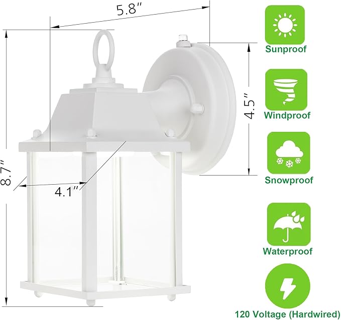 LIT-PaTH Dusk to Dawn Outdoor Wall Lantern, LED Wall Sconce, 5000K Daylight White, 9.5W, 800 Lumen, Aluminum Housing Plus Glass, Outdoor Rated, 2-Pack, White