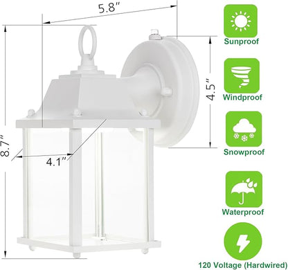 LIT-PaTH Small Outdoor LED Wall Lantern with Dusk to Dawn Photocell, 5000K Daylight White, 9.5W, 800 Lumen, Aluminum Housing Plus Glass, Outdoor Rated, 1-Pack, White