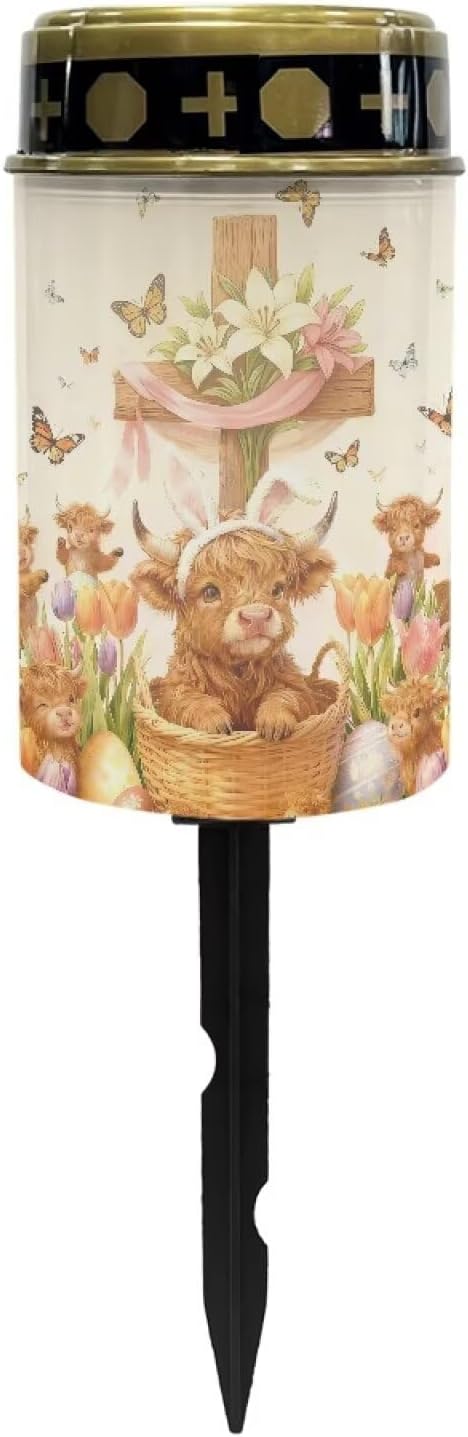Highland Cattle Solar Light for Cemetery Grave Outdoor Easter Cross Waterproof Solar Grave Lights Yard Park Decoration