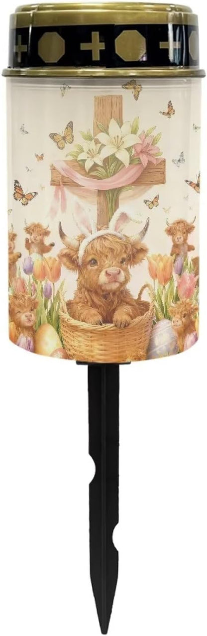 Highland Cattle Solar Light for Cemetery Grave Outdoor Easter Cross Waterproof Solar Grave Lights Yard Park Decoration