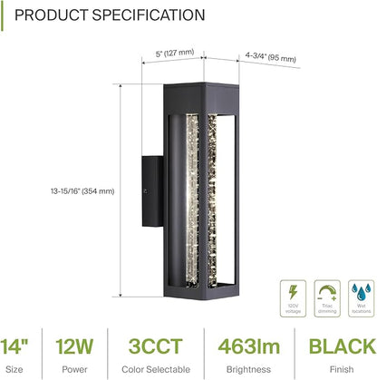 ASD LED 14 Inch Bubble Glass Wall Light Fixture | 12W 300LM 3000K-5000K 120V | 3CCT, Waterproof, Dimmable, ETL Listed | Exterior Flush Mount Sconce, Outdoor-Indoor Lighting | Black