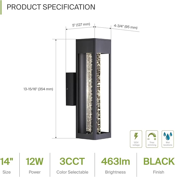 ASD LED 14 Inch Bubble Glass Wall Light Fixture | 12W 300LM 3000K-5000K 120V | 3CCT, Waterproof, Dimmable, ETL Listed | Exterior Flush Mount Sconce, Outdoor-Indoor Lighting | Black, 4 Pack