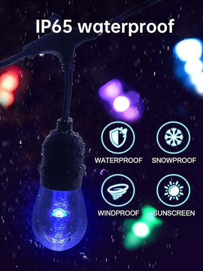 Commercial Grade 48FT LED Outdoor String Lights with Remote Control - 15 Shatterproof Bulbs Waterproof Color Changing Christmas Lights, Dimmable for Patio, Garden, Wedding Decor