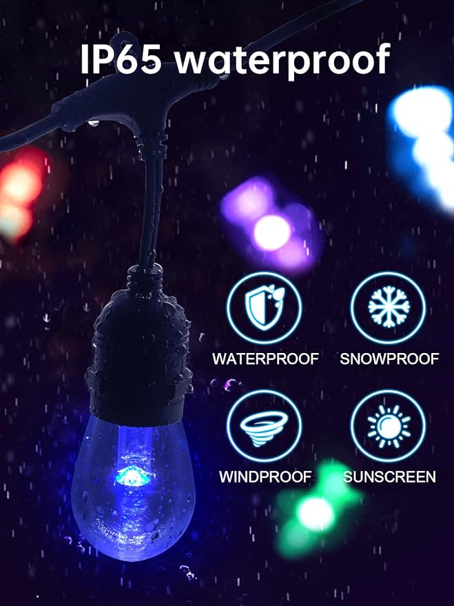 Commercial Grade 50FT LED Outdoor String Lights with Remote Control - 15 Shatterproof Bulbs Waterproof Color Changing Christmas Lights, Dimmable for Patio, Garden, Wedding Decor
