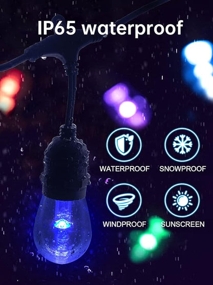 Commercial Grade 50FT LED Outdoor String Lights with Remote Control - 15 Shatterproof Bulbs Waterproof Color Changing Christmas Lights, Dimmable for Patio, Garden, Wedding Decor