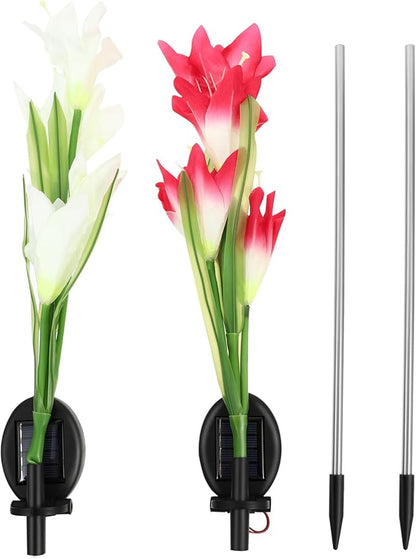 2pcs Solar Lily Flower LED Yard Lamp with Ground Plug Outdoor Solar Garden Path Light for Patio and Walkway