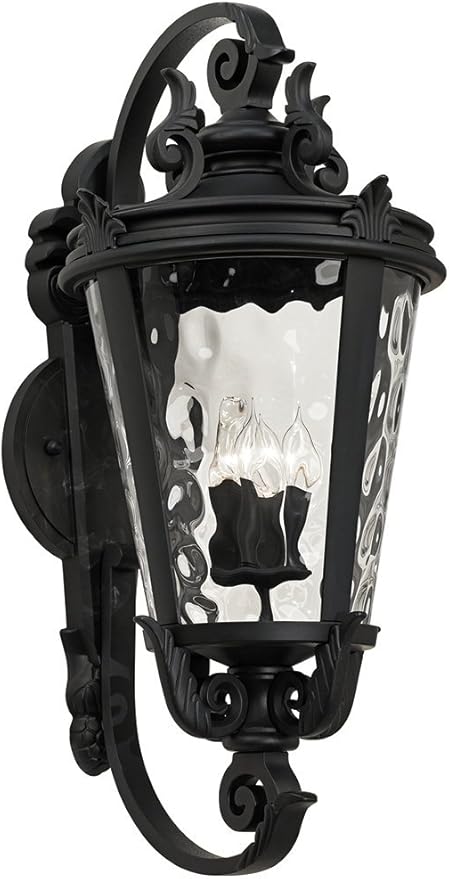 John Timberland Marseille Vintage Large Outdoor Wall Light Fixture Textured Black Scroll 36" Clear Hammered Glass | Lumora