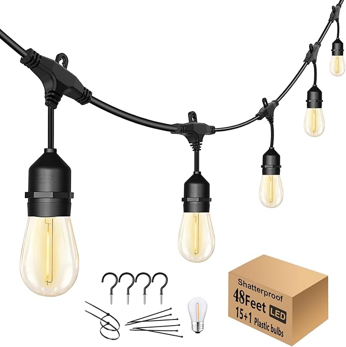 48FT Outdoor String Lights LED Heavy-Duty Waterproof Patio Lights with 16 Shatterproof Plastic 2200K Warm White | Lumora