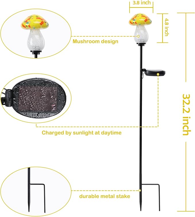 Afirst Solar Outdoor Lights Decorative Solar Glass Mushroom Lights Waterproof LED Waterproof Garden Stake Light for Walkway Pathway Lawn Patio Yard Decorations 2 Pack Yellow&Blue