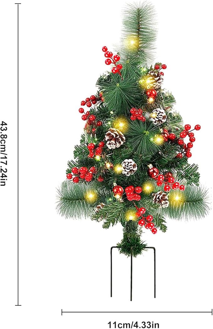 Prelit Artificial Christmas Trees Lights 17.2 Inch Solar Christmas Tree Pathway Lights with Stake Red Berries Pinecones Waterproof Xmas Urn Filler Solar Stake Lights Garden Decor(1Pcs Battery Powered)