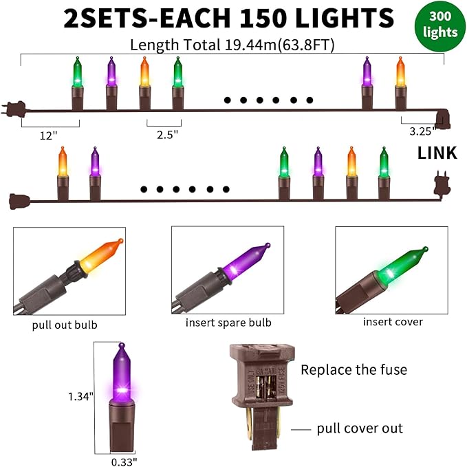 Ultra-Bright Connects End to End Orange Purple and Green Christmas Mini Lights 300L 63.8Ft(2Sets-Each 150L)UL Listed Incandescent Bulb String Light for Indoor Outdoor Halloween Tree Decor