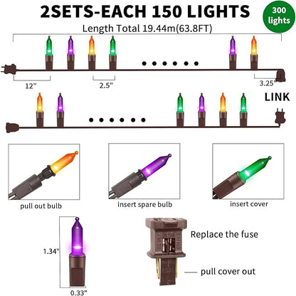 Ultra-Bright Connects End to End Orange Purple and Green Christmas Mini Lights 300L 63.8Ft(2Sets-Each 150L)UL Listed Incandescent Bulb String Light for Indoor Outdoor Halloween Tree Decor
