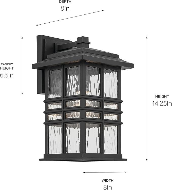 Kichler Beacon Square 14.25" 1-Light Outdoor Wall Light with Clear Hammered Glass in Textured Black, for Exterior | Lumora