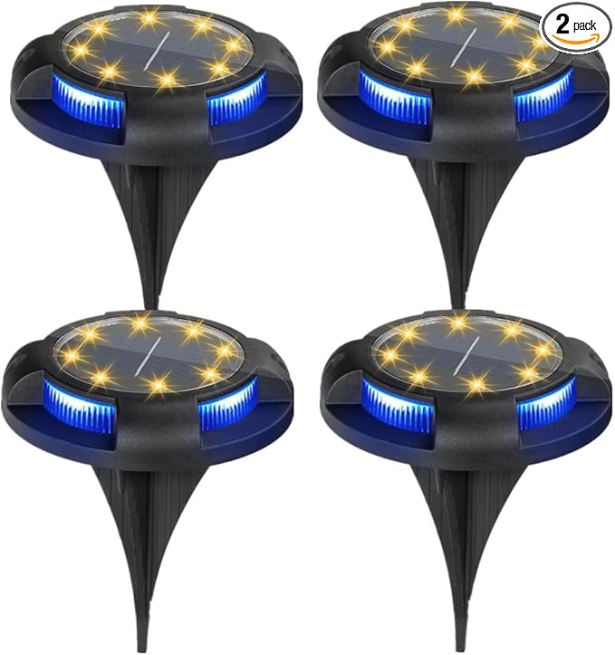 4 Packs Solar Lights Outdoor Garden Ground Lights IP44 Waterproof Solar Powered Pathway Deck Light for Lawn Walkway Yard (Warm 8Leds+Blue 4Leds)