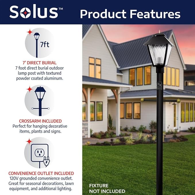 Solus 7-Foot Direct Burial Lamp Post – Outdoor Aluminum Light Pole with Decorative Cross Arm & 120V Outlet – Fits | Lumora