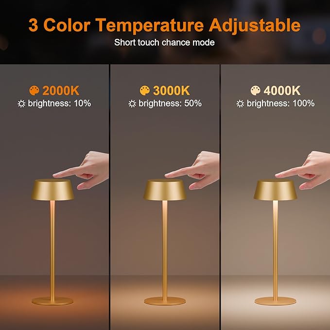 4 Pack Cordless Table Lamp, 50h Runtime, Metal, 3 Color Dimming Rechargeable Battery Operated Desk Lamp, IPX4 Waterproof Wireless Outdoor Table Lamp for Dinner/Restaurant/Bedroom/Cafe