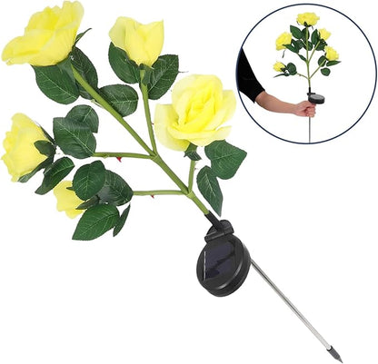 Cabilock 2pcs Solar Garden Flower Lights Outdoor Solar-Powered Yellow Rose Lamp with 5 Heads, Waterproof Landscape Pathway Lawn Stake Lights for Patio and Yard Decor
