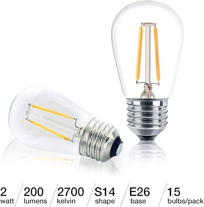 Brightech Ambience Pro LED 24 Ft String Lights Bundled with One Extra Pack of 15 Ambience PRO Replacement LED Light Bulbs, 2 Watt Vintage LED Edison Bulbs, 2700K Soft White Dimmable Outdoor