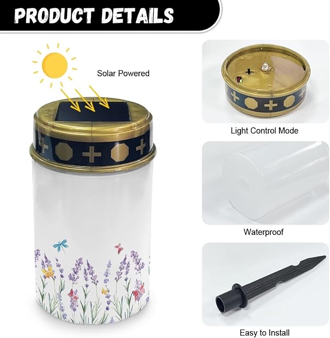 Floral Cemetery Solar Powered Lights Auto On/Off Solar Garden Stake Lights Landscape Lights Cemetery Decorations for Grave Outdoor Lights for Loss of Loved One