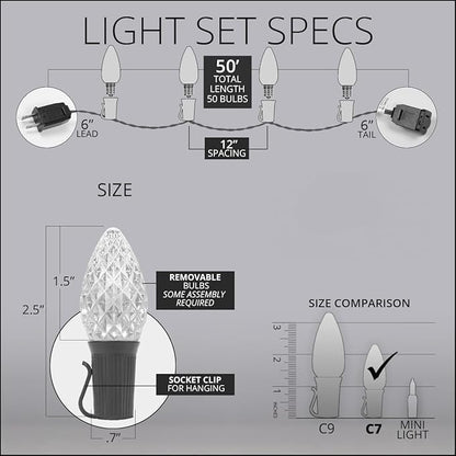 Wintergreen Lighting 50 C7 Opticore Commercial Cool White Christmas Lights – Outdoor Heavy Duty Holiday Bulbs for Patio, Party on 18 Gauge Green Wire (50 ft)