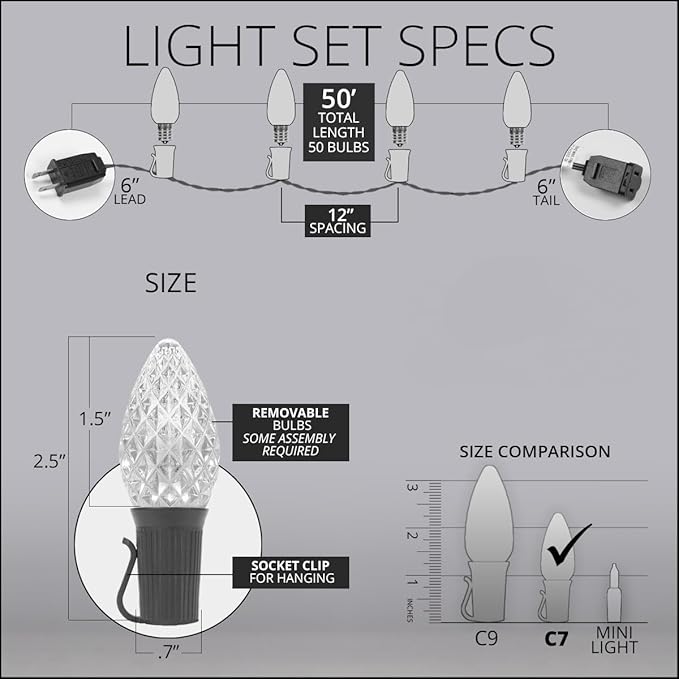 Wintergreen Lighting Set of 50 C7 Opticore Warm White Outdoor Christmas Lights - Commercial LED Christmas Lights | Lumora