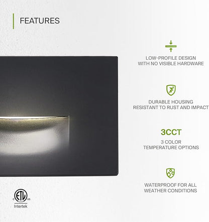 ASD LED Recessed Step Light Fixture, Outdoor & Indoor Stair Tread Lighting | 3CCT, Dimmable, Waterproof, ETL Listed | 3W 120LM 3000K-5000K 120V | Staircase Hardwired Illumination | Black, 24 Pack