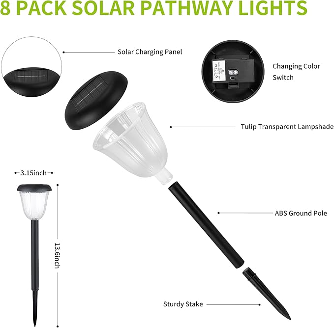 Waterproof Solar Pathway Lights Outdoor - 8 Pack Landscape Light Solar Powered 2 Lighting Modes RGBW, Auto On/Off Garden Lights for Outside, Yard, Patio Walkway Driveway
