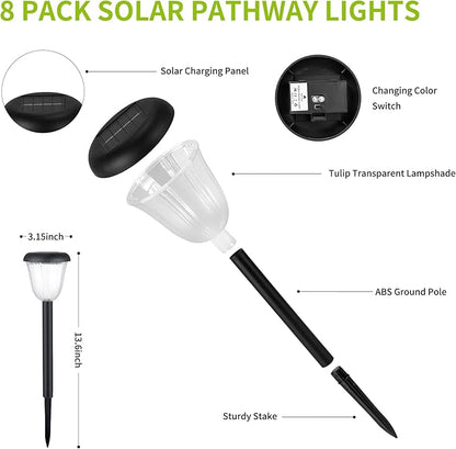 Waterproof Solar Pathway Lights Outdoor - 8 Pack Landscape Light Solar Powered 2 Lighting Modes RGBW, Auto On/Off Garden Lights for Outside, Yard, Patio Walkway Driveway