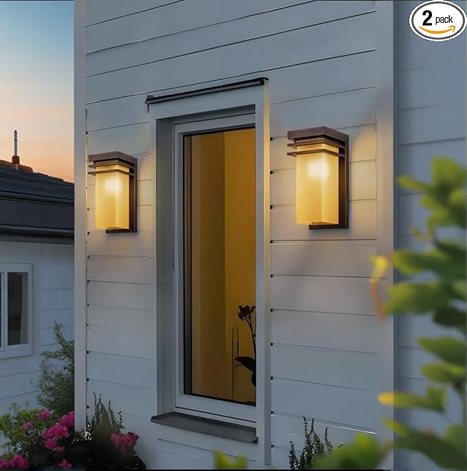 Outdoor Wall Lights Set of 2, Front Porch Sconce Lighting Wall Mount, Exterior Wall Lamps with Antique Amber Glass for House, Patio Light Fixture, Commercial Use, E26 Base