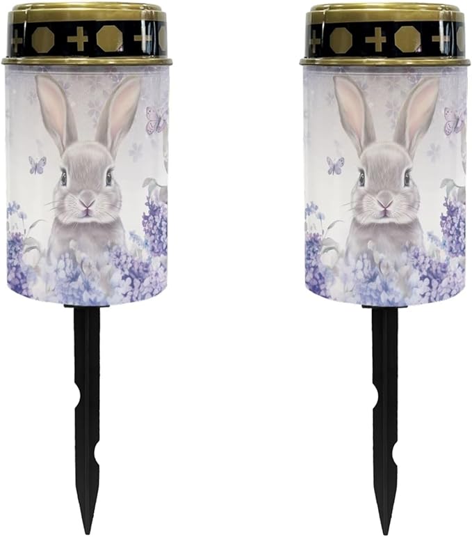Easter Rabbit Lavender Solar Memorial Lights for Graves Solar Powered Outdoor Cemetery Solar Lights for Grave 2 Pack Cemetery Decorations for Grave for Remembrance Gifts