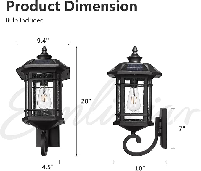 Emliviar Solar LED Wall Light Outdoor,Dusk to Dawn Solar Porch Light with Remote Control, Black Finish with Seeded | Lumora