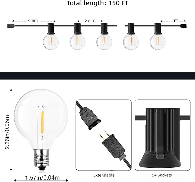 GPATIO Outdoor String Lights, 150FT G40 Bulbs Shatterproof Patio Lights, Waterproof Dimmable Hanging Outdoor Lights, Connectable LED Outside Lights for Backyard Yard Gazebo Porch Party